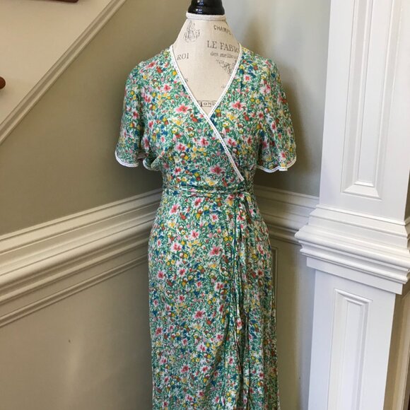 Poupette St Barth Joe Wrap Dress Womens Small Green White Pink VNeck Floral Midi - Picture 7 of 13